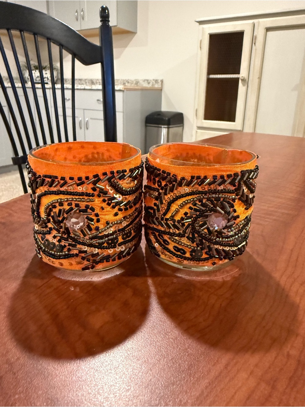 Pottery Barn Orange Beaded Votive Holders with Black Accents